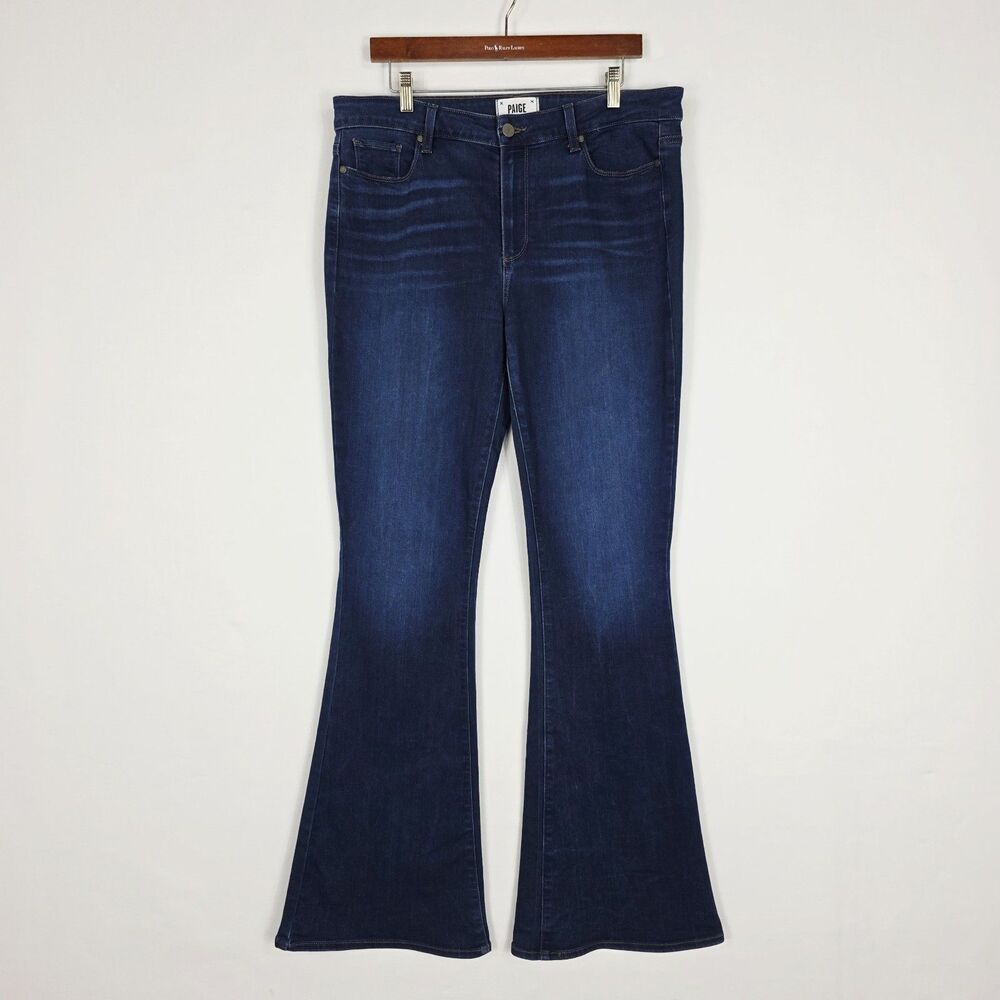 Paige High Rise Bell Canyon Jeans Size 32 Flare Stretch Denim Dark Wash